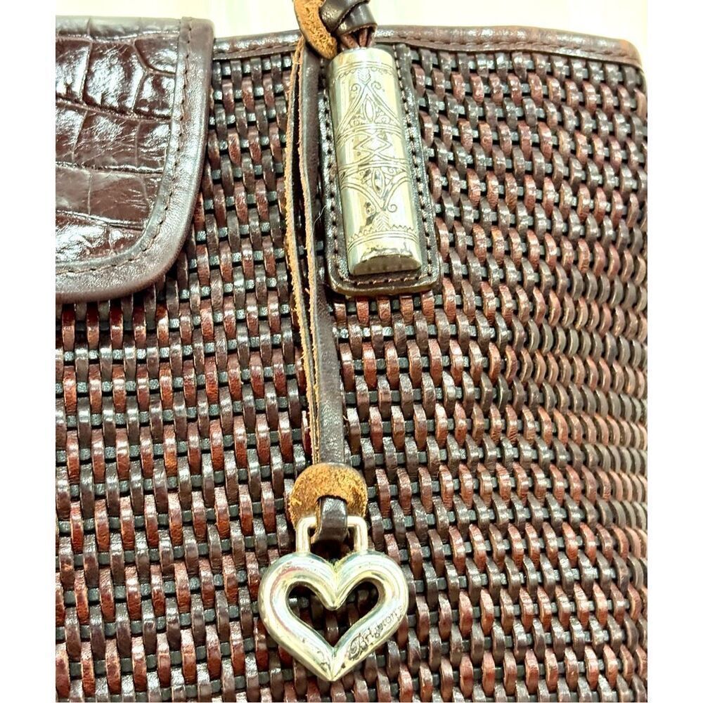 BRIGHTON - Vtg Two-Tone Brown Woven Leather Shoulder Bag/Croc-Embossed Closure - Picture 13 of 16